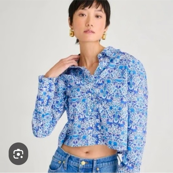 J. Crew Liberty Blue Floral Crop Ruffle Collar Blouse - Picture 13 of 14